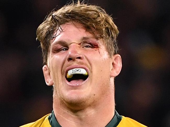 Michael Hooper of the Wallabies recovers during the Bledisloe Cup match between the Australian Wallabies and the New Zealand All Blacks at Optus Stadium in Perth, Saturday, August 10, 2019.  (AAP Image/Dave Hunt) NO ARCHIVING, EDITORIAL USE ONLY