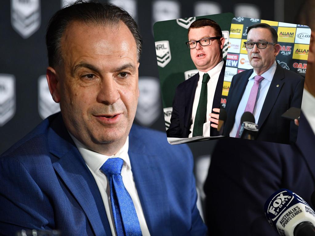 Peter V’landys (main) has taken aim at the claims made by (insets L-R) South Sydney boss Blake Solly, and Penrith CEO Brian Fletcher.