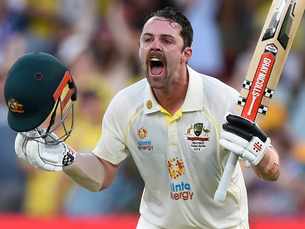 Australian No.5 batter Travis Head celebrates his brilliant Ashes century against England at The Gabba with an emotional roar. Picture: Matt Roberts – CA/Cricket Australia via Getty Images