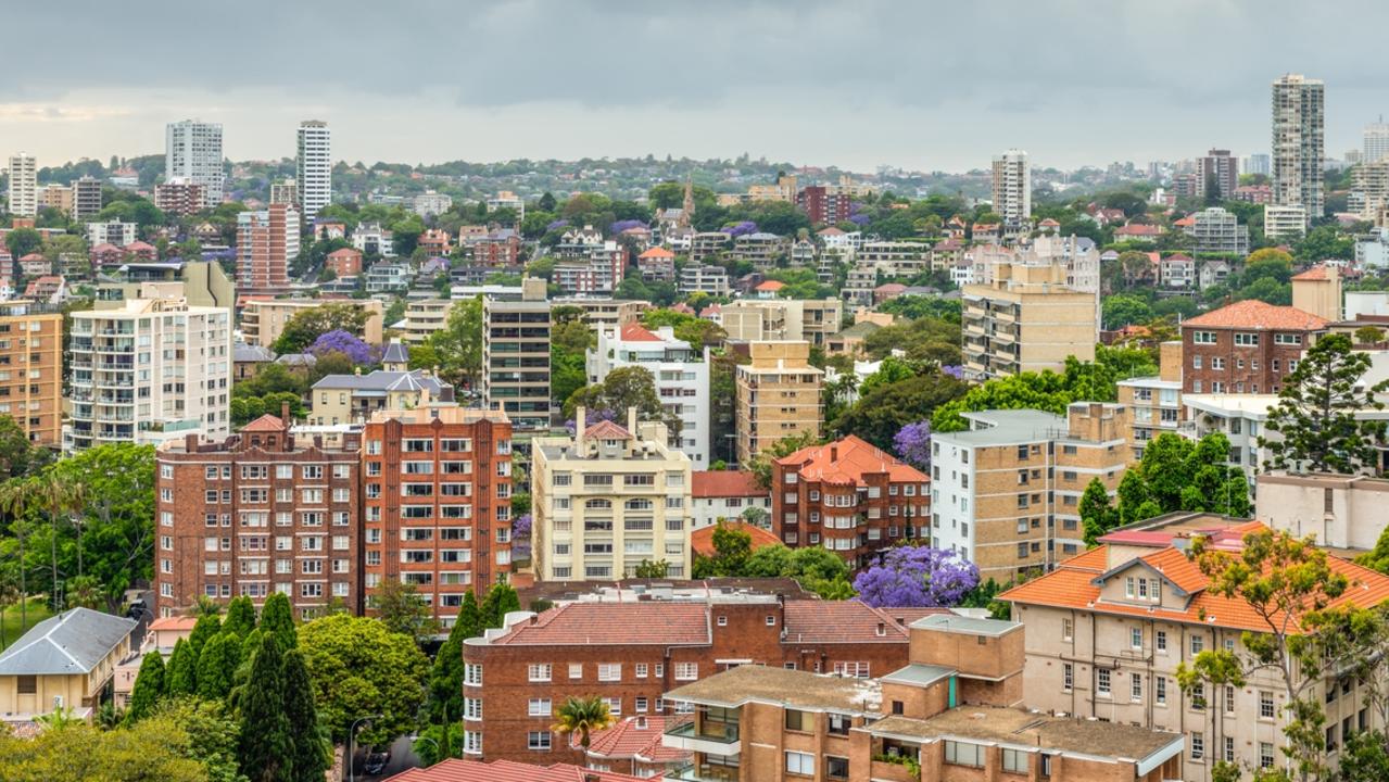 View of Sydney in cloudy weather – full frame horizontal composition – Potts Point district and other