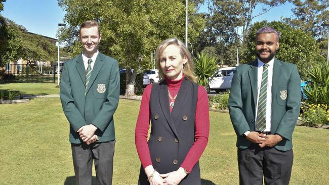 Vice captain Adam Lewis, 17, principal Leisa Conroy and school captain Rubin Duroux, 17, at the announcement of the $17 million commitment to upgrade the Tweed River High School to include specialist vocational education facilities. Photo: Jessica Lamb. Picture: Jessica Lamb