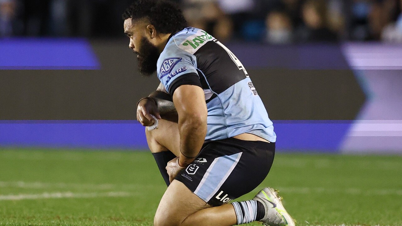 SYDNEY, AUSTRALIA - SEPTEMBER 10: Siosifa Talakai of the Sharks looks dejected after defeat during the NRL Qualifying Final match between the Cronulla Sharks and the North Queensland Cowboys at PointsBet Stadium on September 10, 2022 in Sydney, Australia. (Photo by Mark Metcalfe/Getty Images)