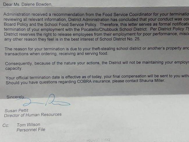 Dalene Bowden’s dismissal letter. Picture: Facebook