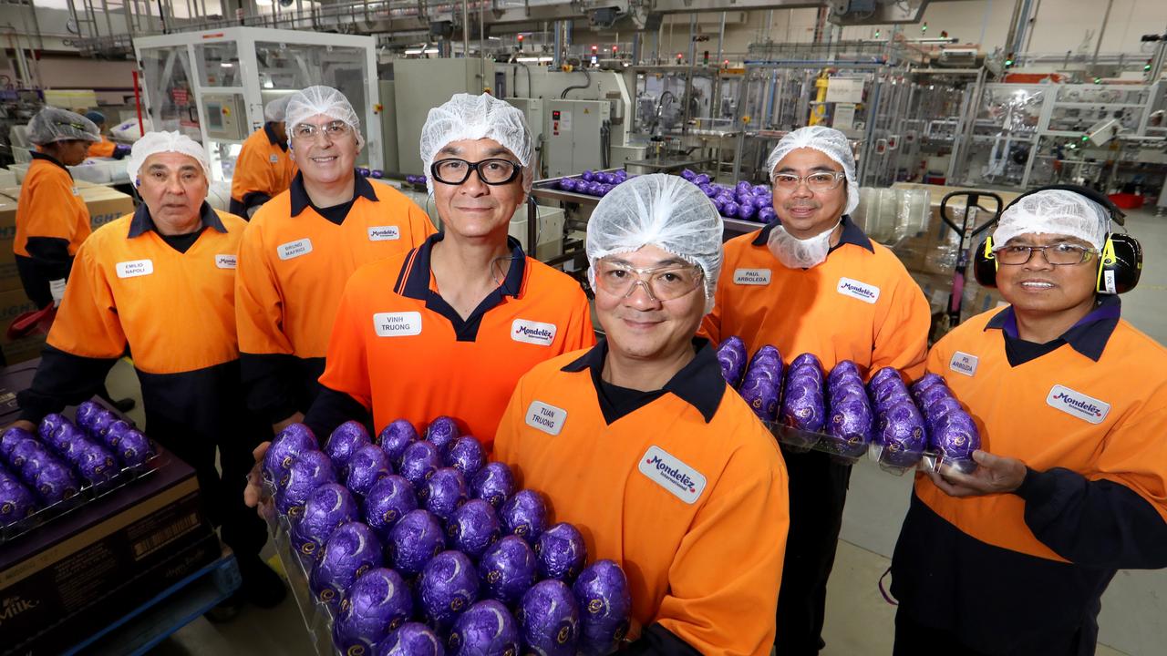 11/12/2019 Emilio Napoli and his nephew Bruno Mafrici with Brothers Tuan Truong and Vinh Truong , also Cousins Paul Arboleda and Pol Arboleda at the Cadbury factory in Ringwood Victoria. Picture: David Geraghty, The Australian.