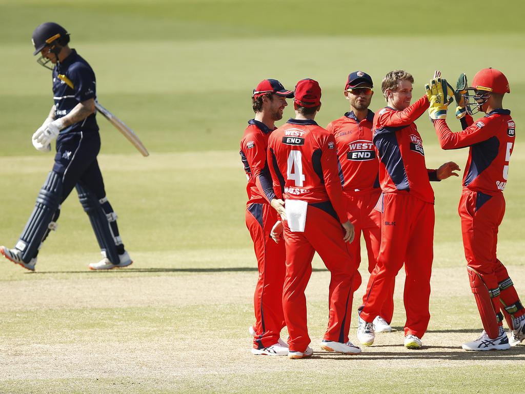 Sam Kerber of South Australia celebrates the dismissal of Nic Maddinson.