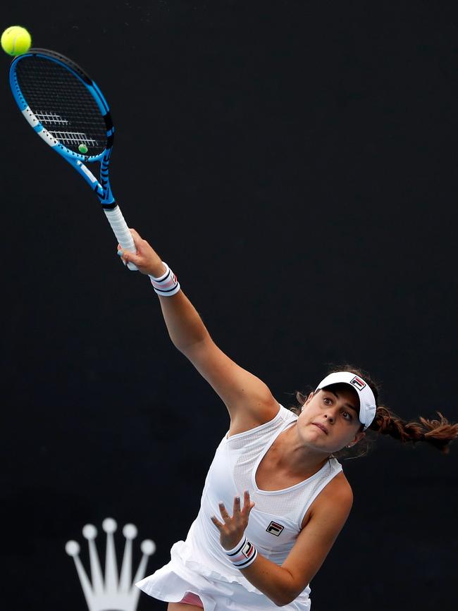 Kimberly Birrell of Australia serves in her doubles first round match with Priscilla Hon of Australia against Harriet Dart of Great Britain and Anett Kontaveit of Estonia during day four of the 2019 Australian Open at Melbourne Park on January 17, 2019 in Melbourne, Australia. (Photo by Darrian Traynor/Getty Images)