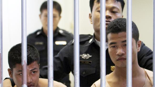 Guilty ... Myanmar migrants Win Zaw Htun and Zaw Lin were sentenced to death for killing British backpackers David Miller and Hannah Witheridge. Picture: AP Photo/Wason Wanichakorn