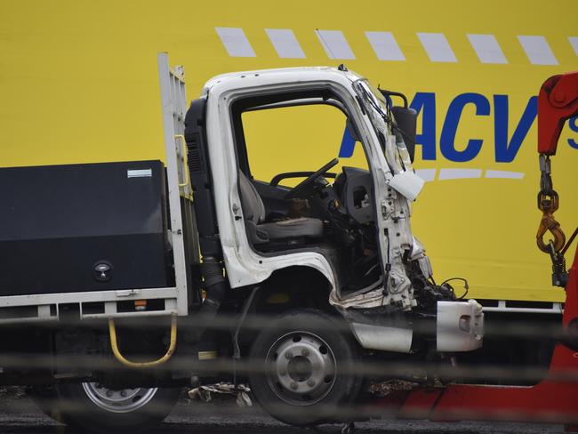 One of the trucks involved in a crash on the Princes Fwy in Hernes Oak was towed away from the scene. December 3, 2024. Picture: Jack Colantuono