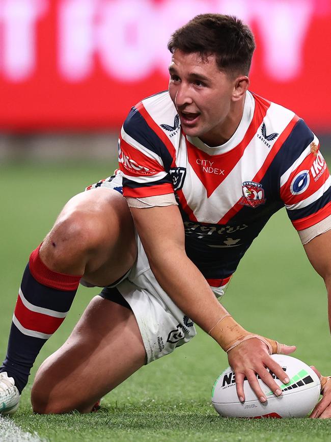 Victor Radley scoring against Manly in their semi final clash. Picture: Jason McCawley/Getty Images