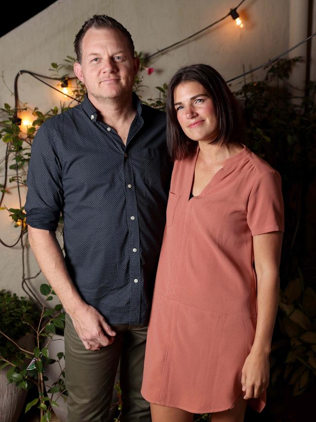 Qantas pilot Richard Grady pictured at home in Balgowlah, NSW, with his wife Renae Grady, who is a flight attendant at Alaska Airlines. Qantas has been one of Australia's big businesses worst hit by the pandemic. Picture: Damian Shaw