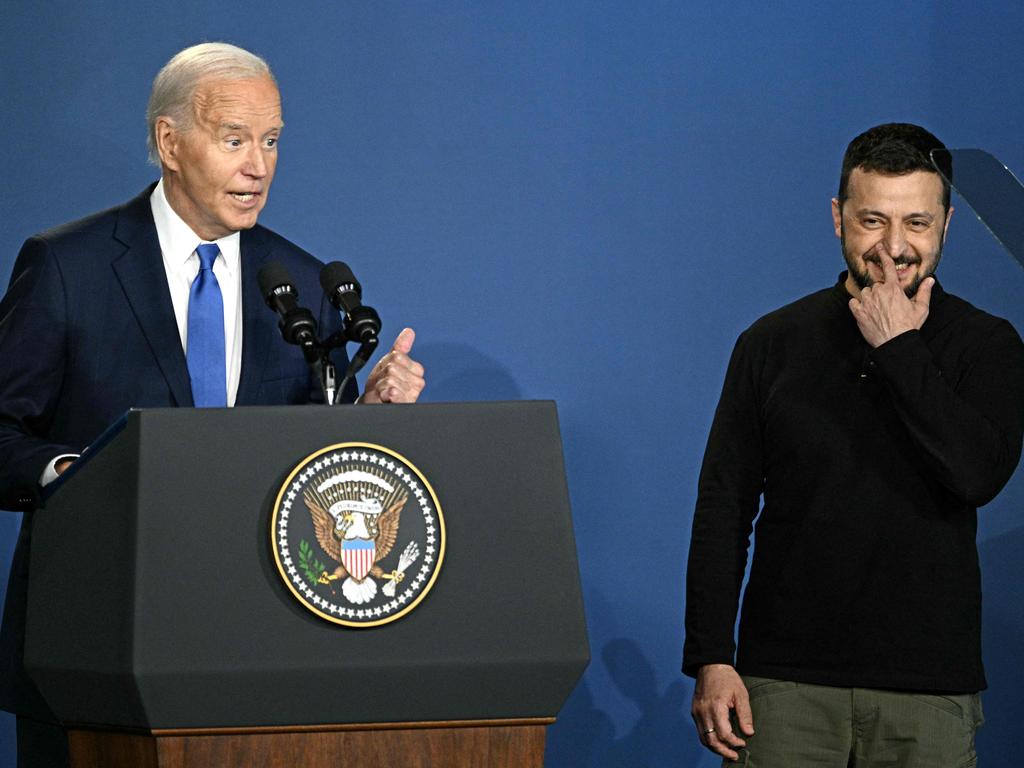 US President Joe Biden corrects himself after accidentally introducing Ukraine's President Volodymyr Zelenskyy as Russia's President Vladimir Putin at the NATO Summit in Washington. Picture: AFP