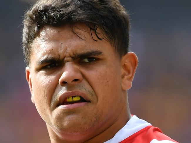 Latrell Mitchell of the Roosters is seen reacting during the Round 9 NRL match between the Sydney Roosters and the Canberra Raiders at Suncorp Stadium in Brisbane, Sunday, May 12, 2019.  (AAP Image/Darren England) NO ARCHIVING, EDITORIAL USE ONLY