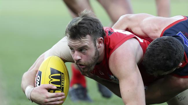 Max Thring under pressure during the 2018 SANFL grand final. Picture: Sarah Reed