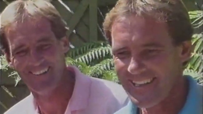 Chris Dawson and his twin brother Paul Dawson when they were Queensland teachers.The Dawsons were featured on a TV current affairs segment about the 19 sets of twins among students and staff at the Gold Coast’s Coombabah high school. Supplied