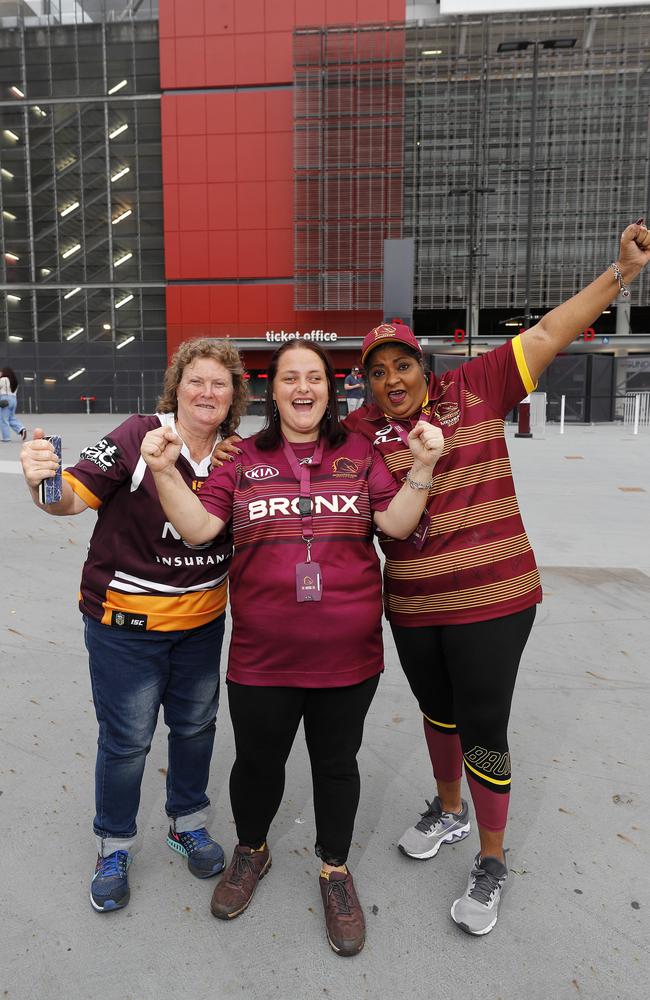 Kerry Haugstetter, Kayla Strugnell and Bijma Sharpe pictured at the Broncos v Rabbitohs, round 1, on Caxton Street, Brisbane 11th of March 2022. This is the first game for the BroncosÃ• season.