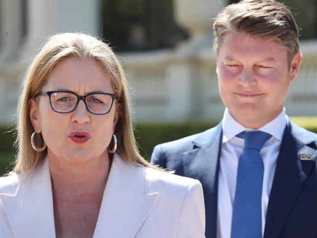 Premier Jacinta Allan and Deputy Premier Ben Carroll hold a press conference after the swearing in ceremony at Government house of the Victorian Ministry. Monday, October 2, 2023. Picture: David Crosling