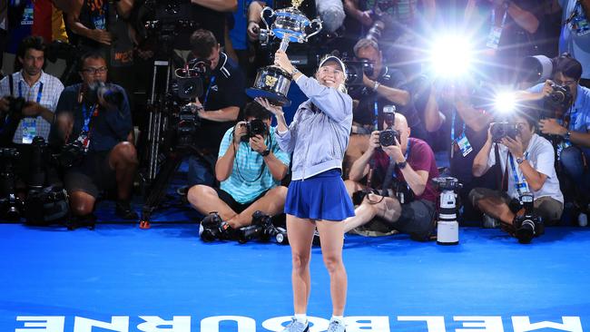 Caroline Wozniacki celebrates her 2018 Australian Open win over Simona Halep. Picture: Mark Stewart