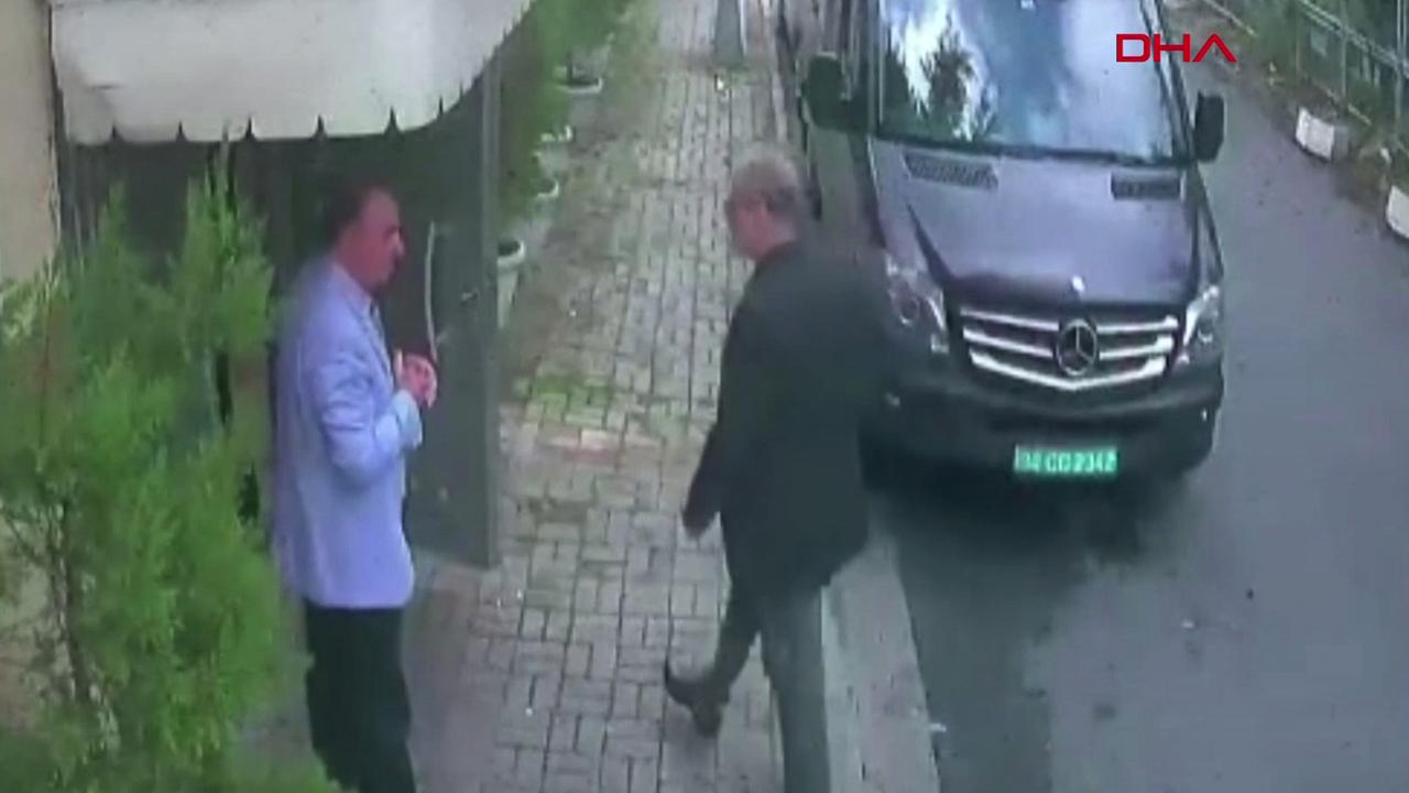 This video grab from CCTV footage obtained from Turkish news agency DHA shows Saudi journalist Jamal Khashoggi (right) arriving at the Saudi Arabian consulate in Istanbul on October 2. Picture: Demiroren News Agency/AFP