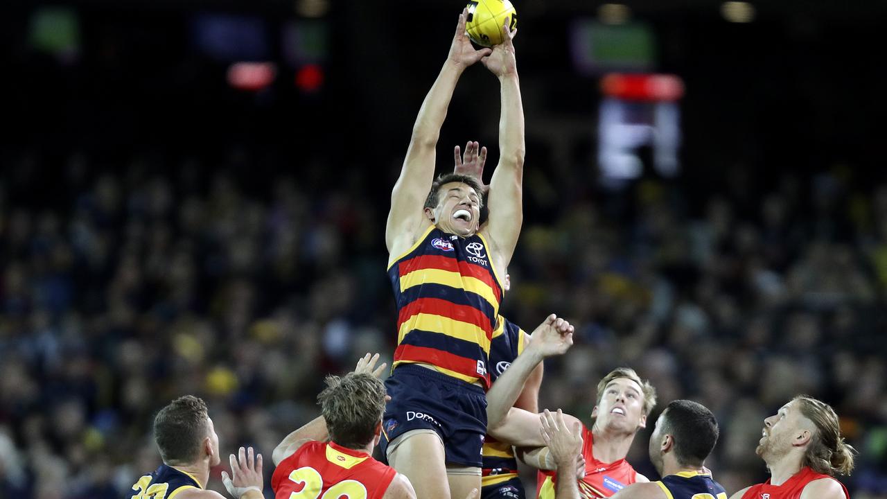 28/04/18 - AFL - Round 6 - Adelaide Crows v Gold Coast Suns at the Adelaide Oval. Tom Doedee marks. Picture SARAH REED