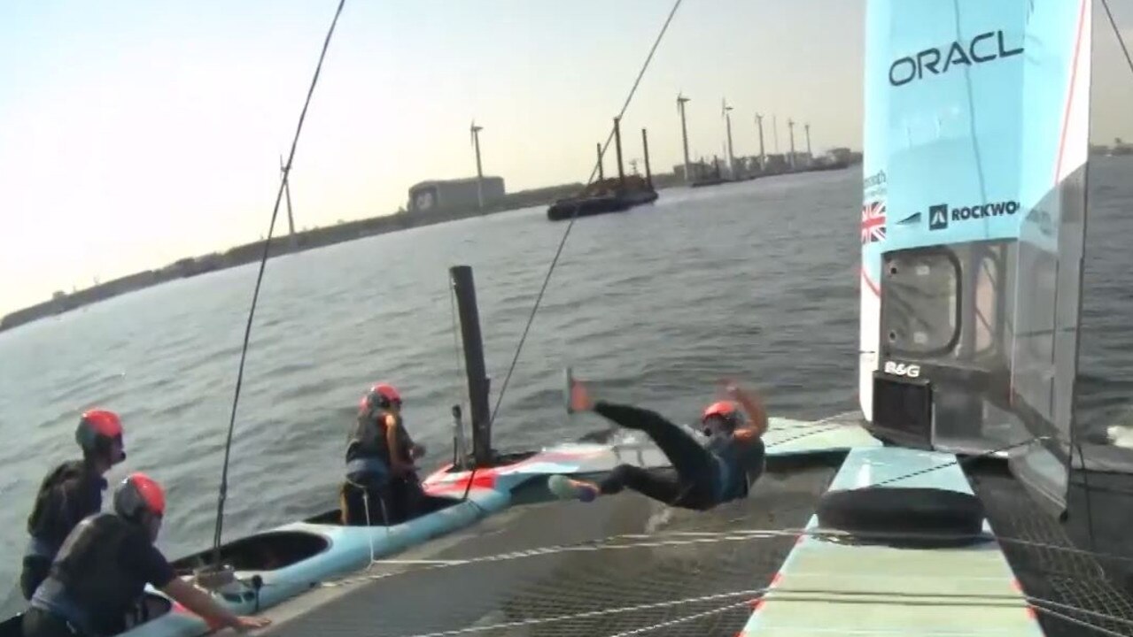 Ouch. Team GB’s yacht hit rock and sent a crew member flying.