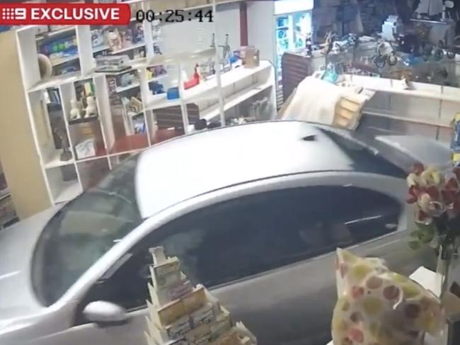 Masked thieves ram raid a southwest Brisbane news agency. Picture: 9 News