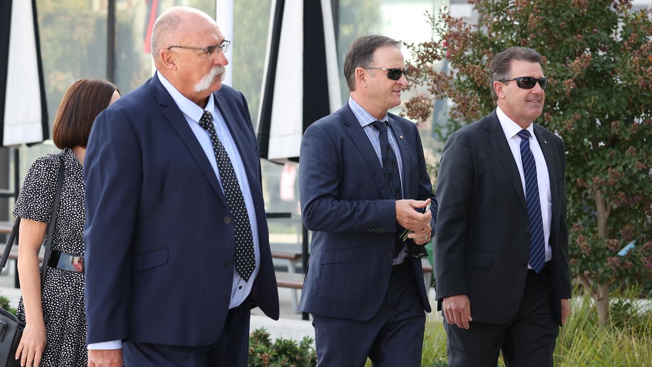 Former Australian cricketers Merv Hughes, Mark Waugh and Mark Taylor arrive at St Kilda Football Club. Picture: David Caird