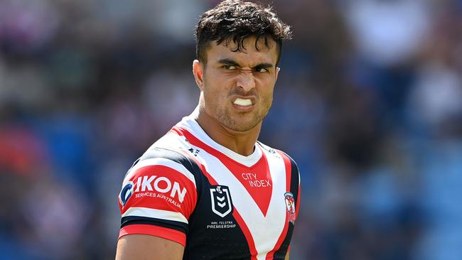 Joseph Suaalii has been put on report for a late tackle in the Roosters clash against the Warriors. Credit: NRL Images.