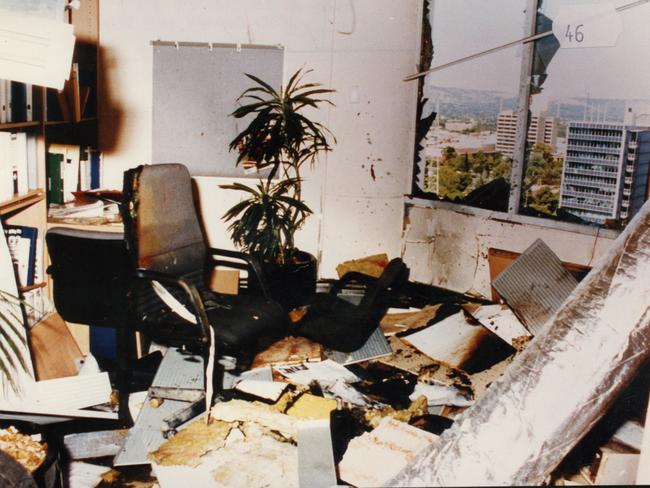 The aftermath of the parcel bomb explosion at the National Crime Authority office in Waymouth St in 1994, killing Det Sgt Geoffrey Bowen and blowing out the 12th-storey window and wall.