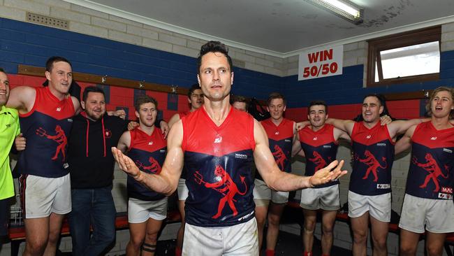 CENTRE OF ATTENTION: Wanganeen celebrates with his Moonta teammates after a big win on Saturday. Picture: Tom Huntley