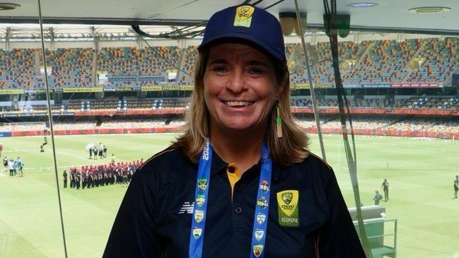 Melinda Dwyer preparing for her Test debut as a scorer. If you needed any indication as to how much she loves cricket, take a look at her earring. Picture: Supplied.