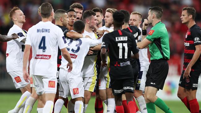 Tempers boil over between Wanderers and Mariners players. Picture: Getty Images