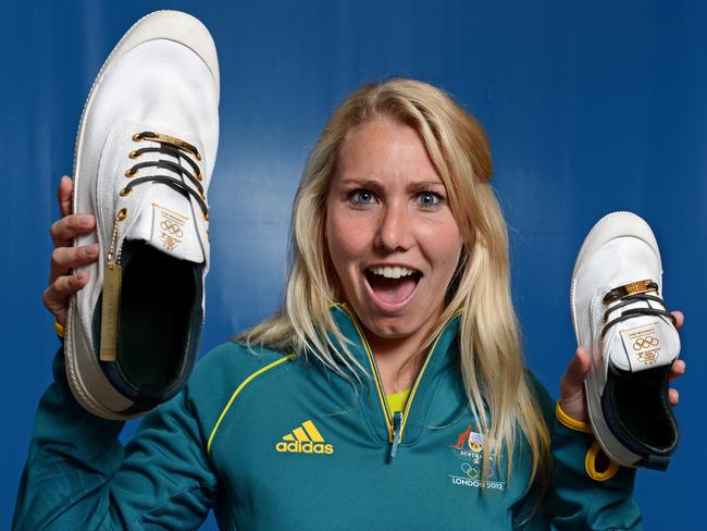 Hockeyroos star Casey Eastman marvels over the shoe size difference of Basketballer Andrew Bogut and diver Melissa Wu before the London Olympics in 2012.