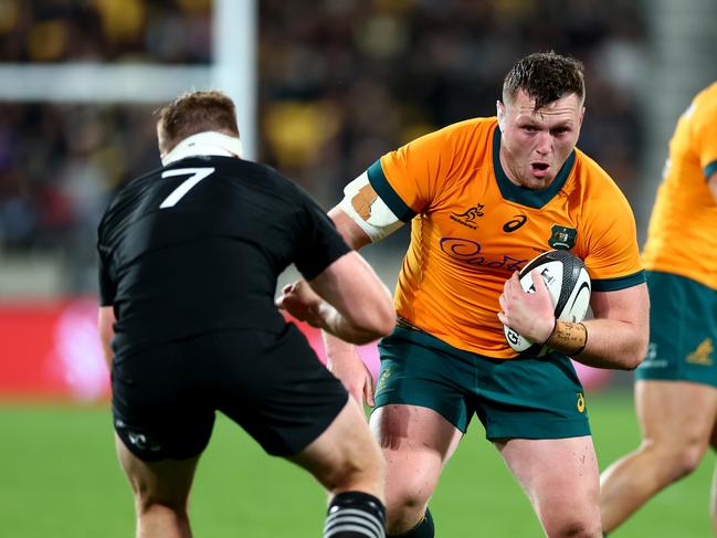 Angus Bell charges forward during a Bledisloe Cup match in 2024 in Wellington. Picture: Phil Walter/Getty Images.