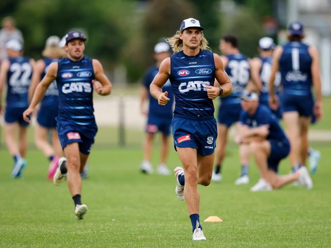 Bailey Smith of the Cats in action during a Geelong Cats training session at Deakin University. Picture: Dylan Burns