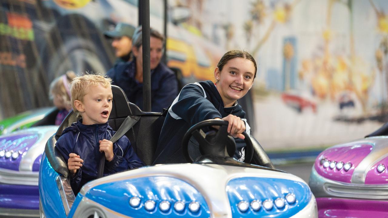 Joe Wells and Ella Williams on the dodgem cars at the 2022 Toowoomba Royal Show, Saturday, March 26, 2022. Picture: Kevin Farmer