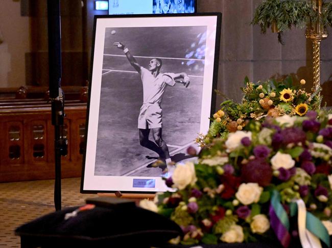 The casket of former Australian tennis great Neale Fraser sits in St Patrick's Cathedral ahead of a state funeral for the three-time grand slam winner who died aged 91, in Melbourne on December 18, 2024. (Photo by William WEST / AFP)