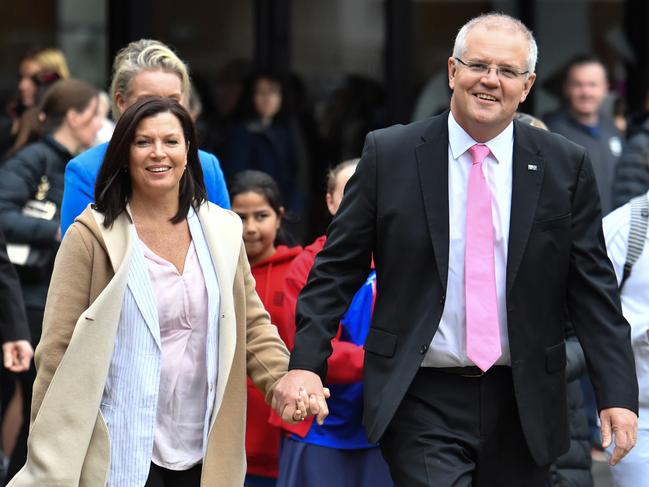 Jen and Scott Morrison in Melbourne yesterday. Picture: Mick Tsikas/AAP