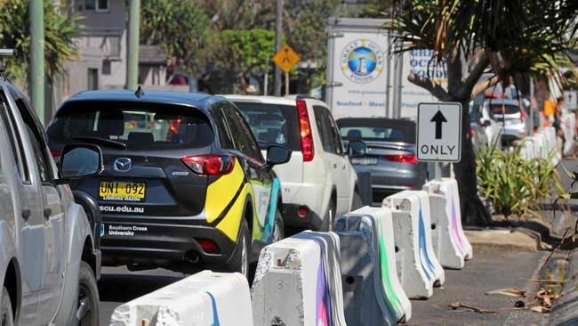 Parked cars in what was the northbound lane of Ballina St in Lennox Head. Ballina Shire Council has this week begun trialling a one-way traffic flow through the main street. Picture: Liana Turner