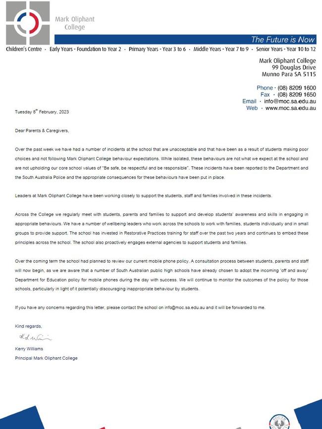 Letter to parents from Mark Oliphant College regarding the school fight incidents this year. Picture: Facebook