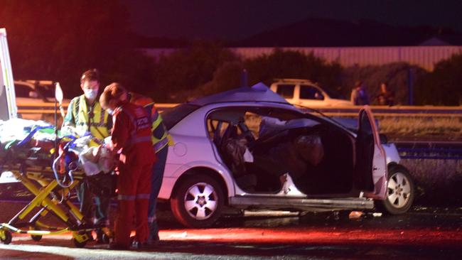 A Holden Astra involved in a crash on the Northern Expressway. Picture: Jason Katsaras