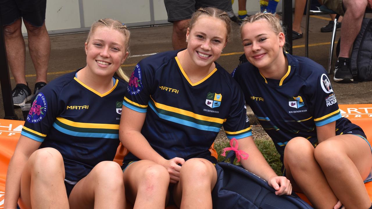South Queensland under-18 girls players Pypah Ferguson, Ruby Power and Amie D'Espagnac at the Queensland Country Rugby Championships in Rockhampton on June 29, 2024.