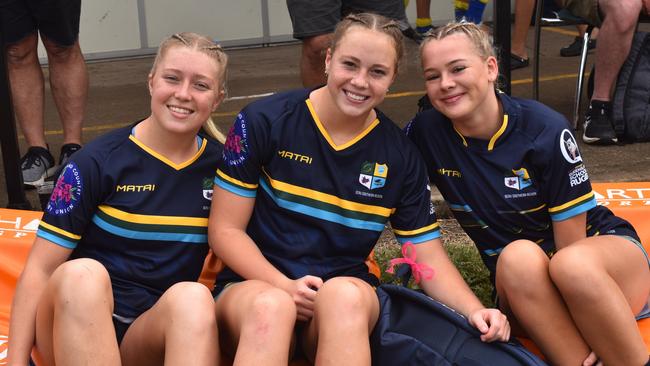 South Queensland under-18 girls players Pypah Ferguson, Ruby Power and Amie D'Espagnac at the Queensland Country Rugby Championships in Rockhampton on June 29, 2024.