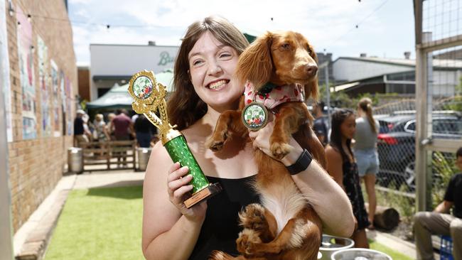 Paige Collison with Maple who won the second annual Bucketty's Brewing Co Dachshund Races. Picture: Richard Dobson