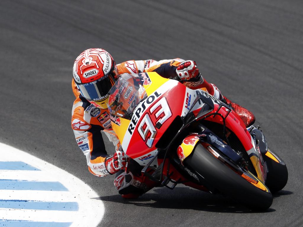 Marc Marquez takes a curve at the Angel Nieto racetrack. 