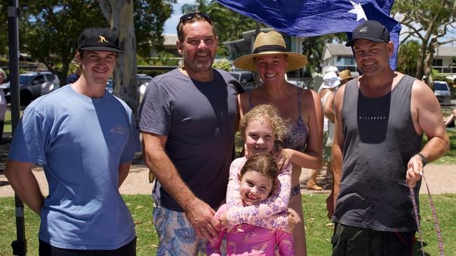 Dean Hughes-Roberts, Leigh Gull, Paula Gull, Pepper Gull, 10, Indigo Gull, 5, and Paul Kruger at the Noosa Australia Day Festival at Lions Park Gympie Terrace Noosaville, on January 26, 2023. Picture: Katrina Lezaic