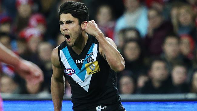 Port Adelaide's Chad Wingard celebrates a goal during AFL match Sydney Swans v Port Adelaide at the SCG. pic. Phil Hillyard