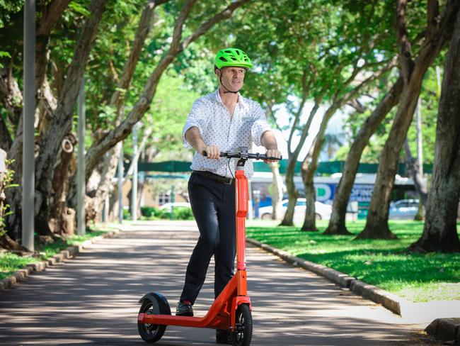 Alderman Simon Niblock on the Neuron E scooter that will be trialled in Darwin. Pic Glenn Campbell