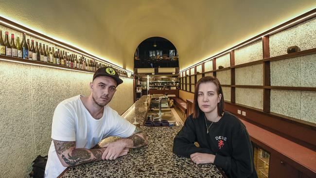 Nathan and Sali Sasi opened Leigh Street Wine Room in Adelaide’s CBD but the COVID-19 lockdown has them $660,000 in the hole Picture: Roy VanDerVegt