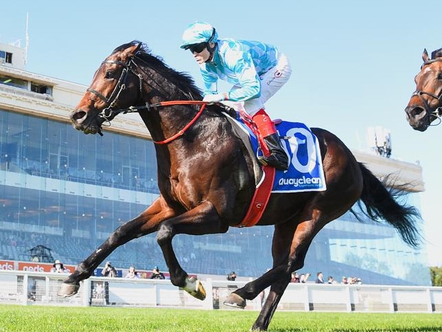 Sinawann (IRE) ridden by Craig Williams wins the Quayclean Kevin Heffernan Stakes at Caulfield Racecourse on November 27, 2021 in Caulfield, Australia. (Pat Scala/Racing Photos)