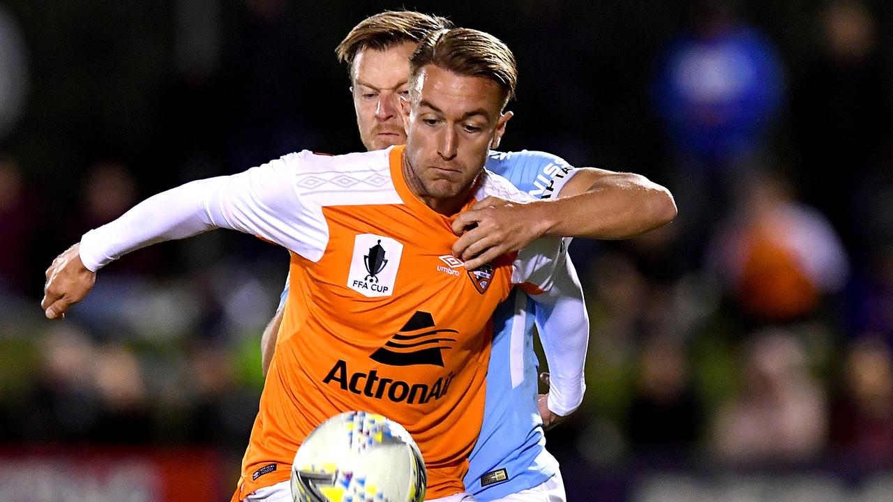 Striker Adam Taggart, pictured here in FFA Cup action against Melbourne City, scored in Brisbane Roar’s trial on Saturday. Picture: Getty Images